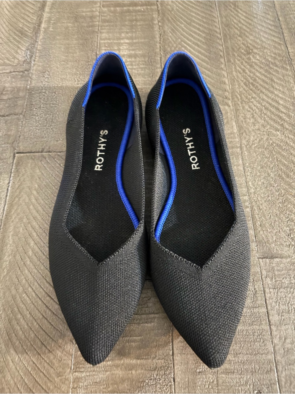 Rothy's Black Pointed Slip-On Loafers with Blue Trim